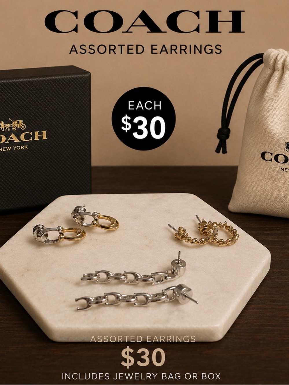 Coach Mixed Metal Chain-Link Hoop & Drop Earrings - Gold, Silver - Picture 1 of 1